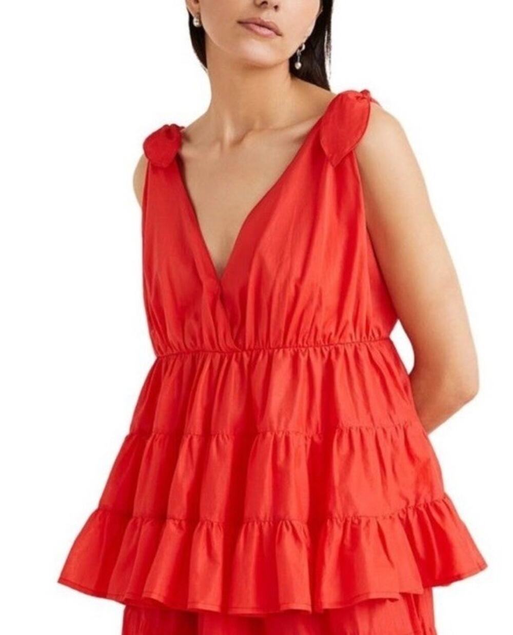 Merlette Durand Top — XS Red Babydoll Ruffle V-Neck Cotton Tiered Tie-Shoulder
